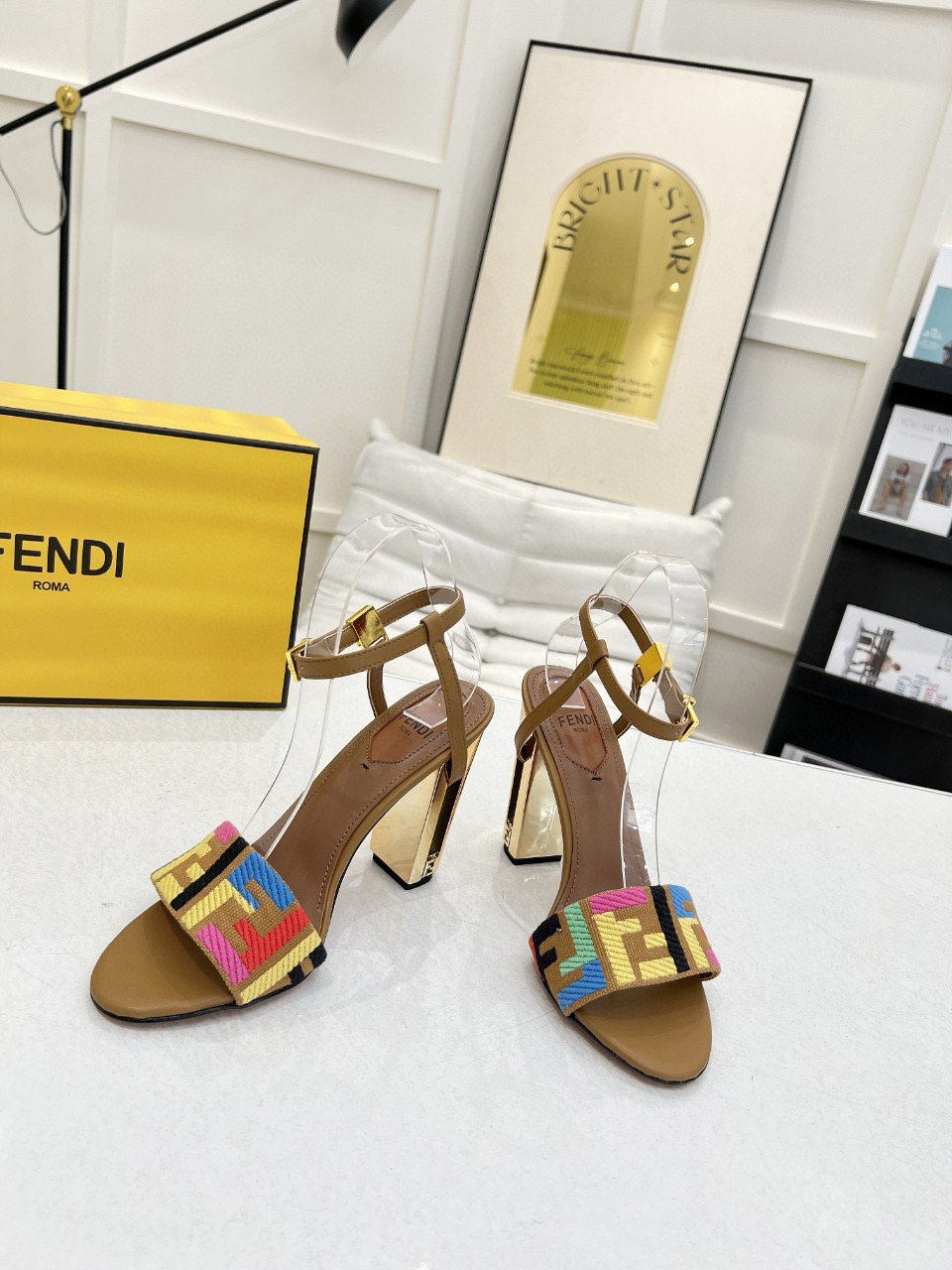 2025 Women Fendi Brown Multicolor Leather High Heel Sandals MJ00280