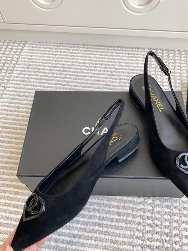 2025 Women Chanel Black Suede Slingback Heart Logo Flats KFY00300