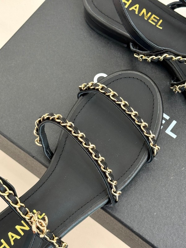 2025 Women Chanel Black Leather Slingback Sandals Chain KFY00270