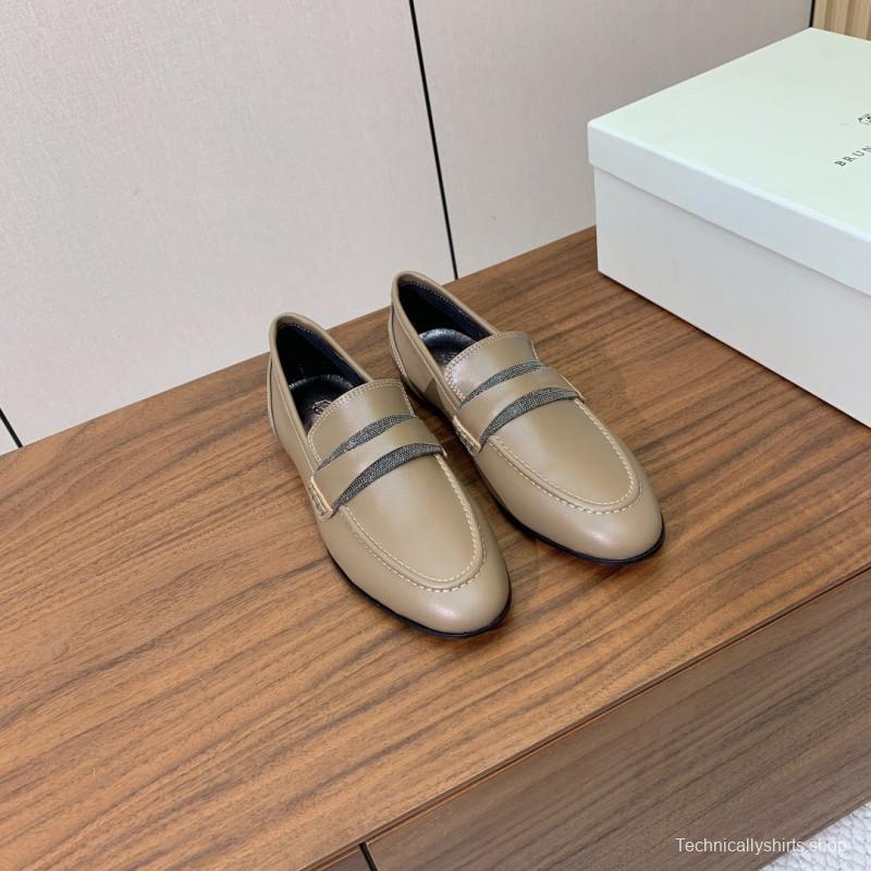 2025/Women Brunello Cucinelli Almond Leather Loafers Handmade Chain Detail LY00360(F)