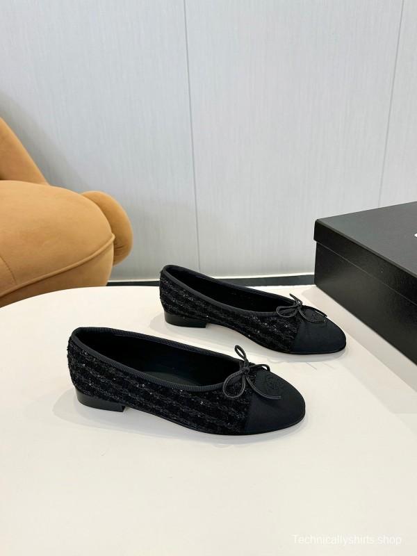 2025 Women Chanel Black Wool Ballet Flats LY00250