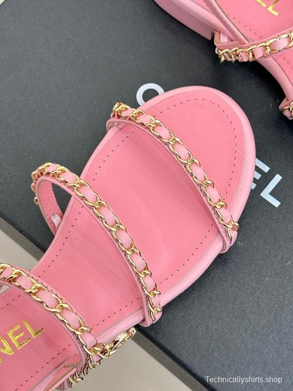 2025 Women Chanel Pink Leather Chain Strap Sandals