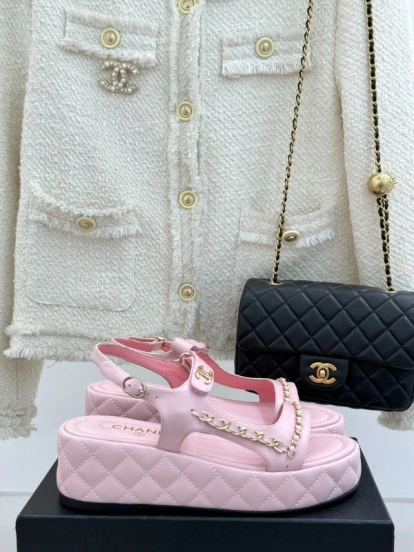 2025 Women Chanel Pink Lambskin Platform Sandals Chain Decoration