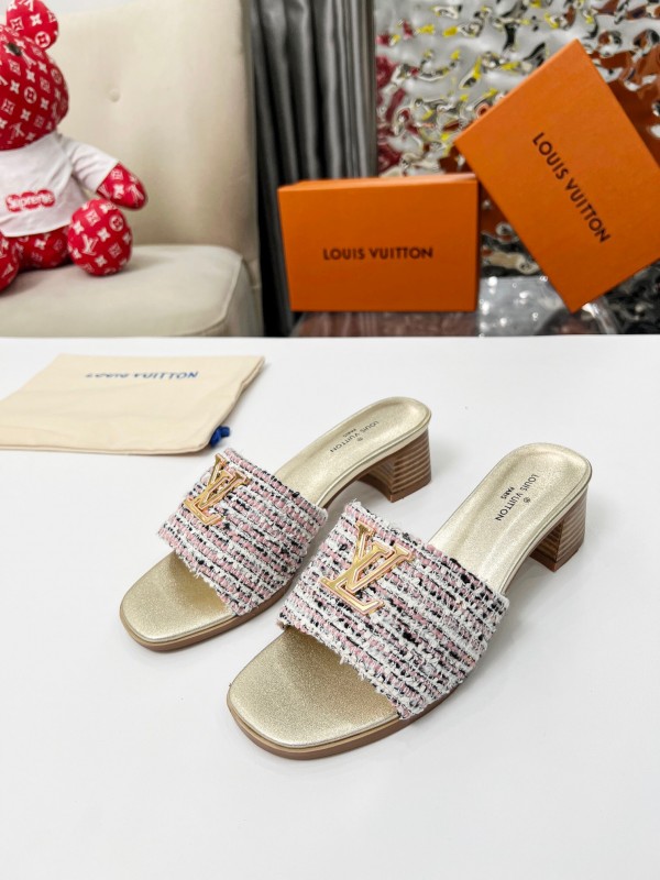 2025 Women Louis Vuitton Pink White Tweed Leather Heeled Mules LY00220