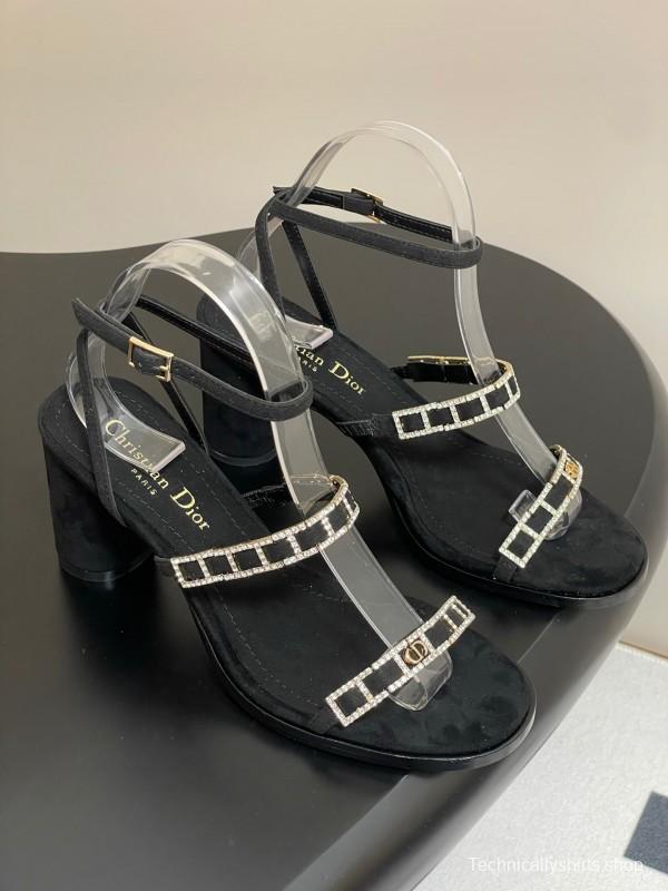 2025 Women Dior Black Suede Crystal Embellished Strap Sandals