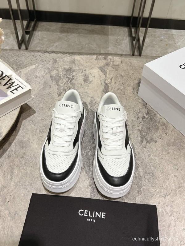 2025 Women Celine Black White Leather Platform Sneakers KFY00330