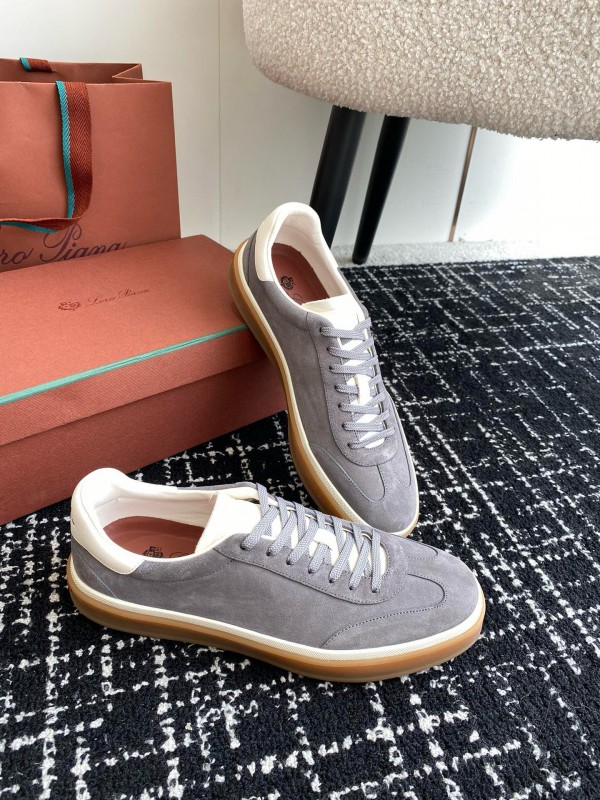 2024 Unisex Loro Piana Grey Suede Calf Leather Trainers MJ00320