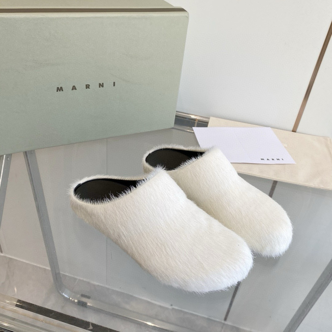 2024 Women Marni White Pony Hair Leather Mules MJ00320