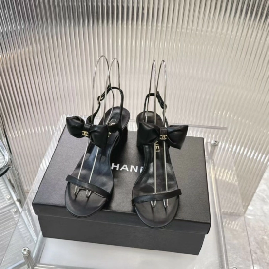 2025 Women Chanel Black Lambskin Bowknot Sandals LY00260