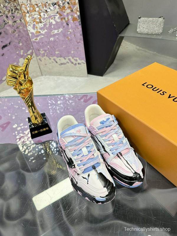 2024 Unisex Louis Vuitton Pink Blue Black Leather Denim Plimsolls Hand-Painted MJ00780
