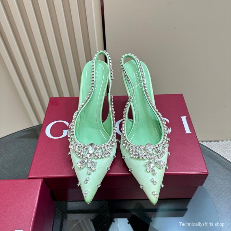 2025 Women Gucci Light Green Satin High Heel Slingback Rhinestone MJ00340