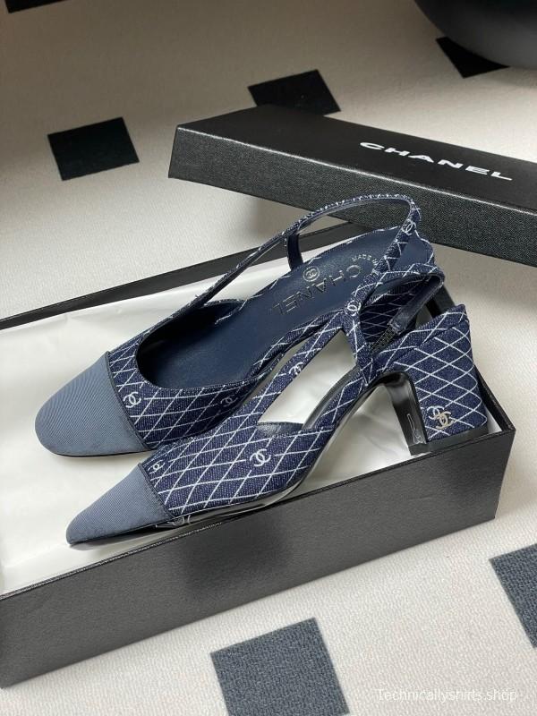 2025 Women Chanel Blue Denim Leather Sling-back Heels