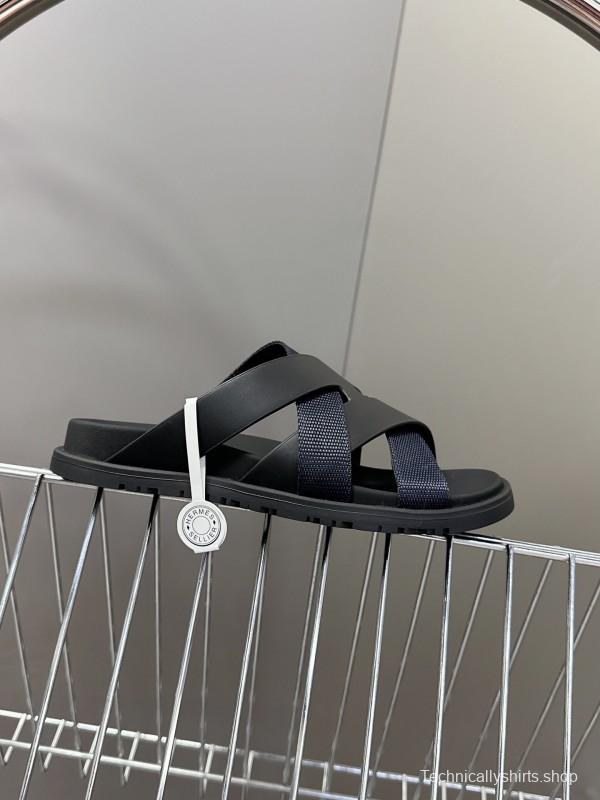 2025 Unisex Hermès Black Leather Fabric Slippers