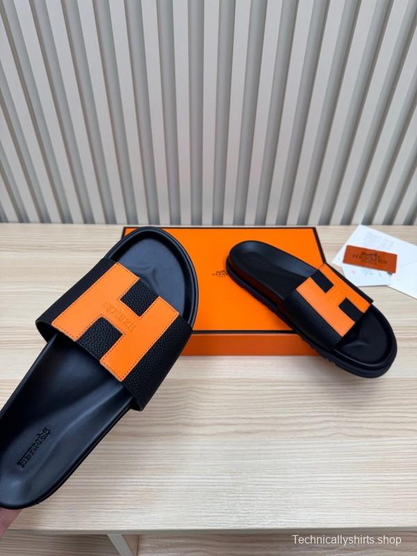 2025 Women Hermès Black Orange Leather Slippers