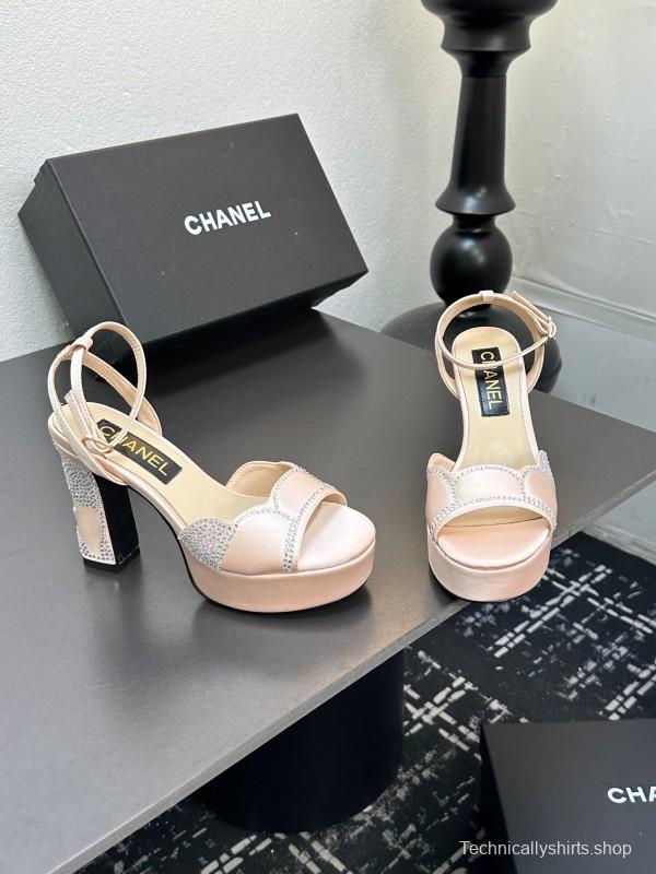 2025 Women Chanel Pink Satin Rhinestone Platform Sandals KFY00320
