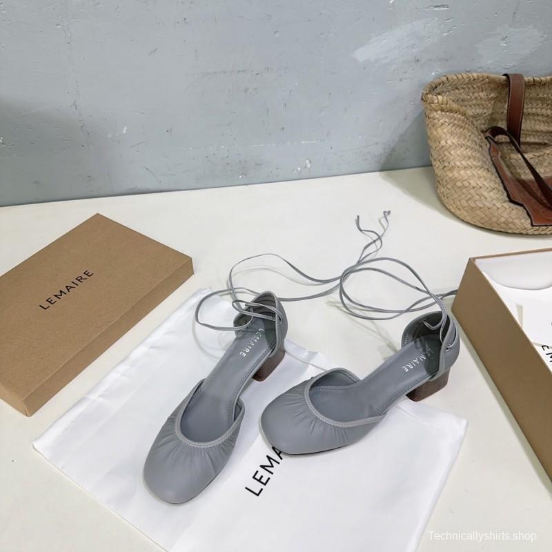 2025 Women LEMAIRE Light Grey Leather Mary Jane Block Heel KFY00300