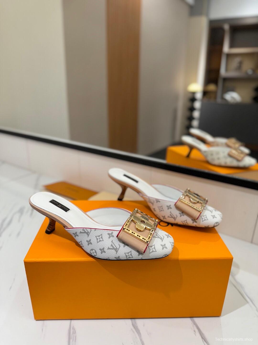 2025 Women Louis Vuitton White Beige Canvas Mules KFY00320