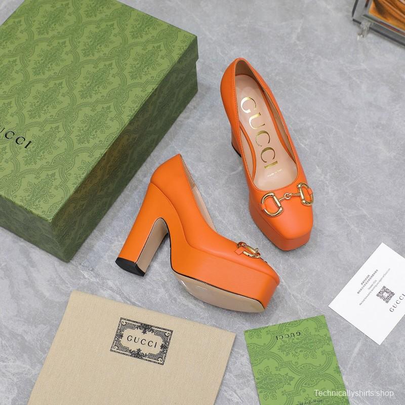2025 Women Gucci Orange Leather Platform Pumps KFY00320