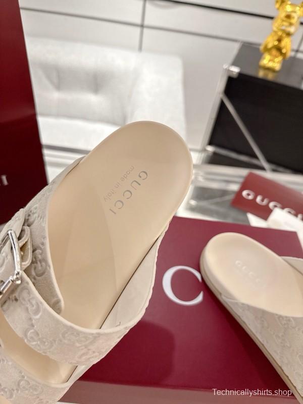 2025 Women Gucci White Leather Slippers Double G Embossed AS00240