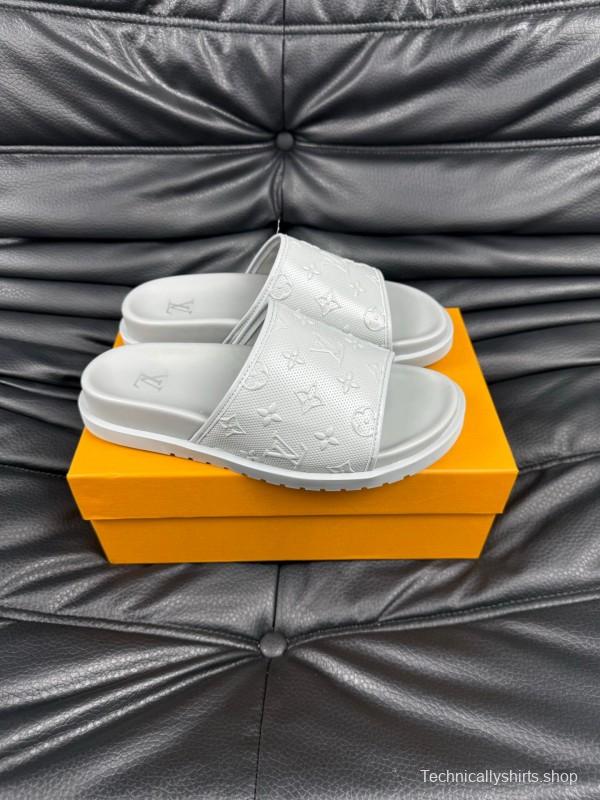 2025 Men Louis Vuitton White Leather Slippers AS00170