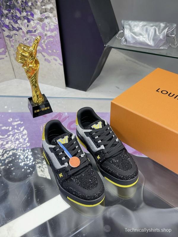 2025 Unisex Louis Vuitton Black Grey Yellow Leather Fabric Plimsolls Handcrafted Rhinestone AS00400