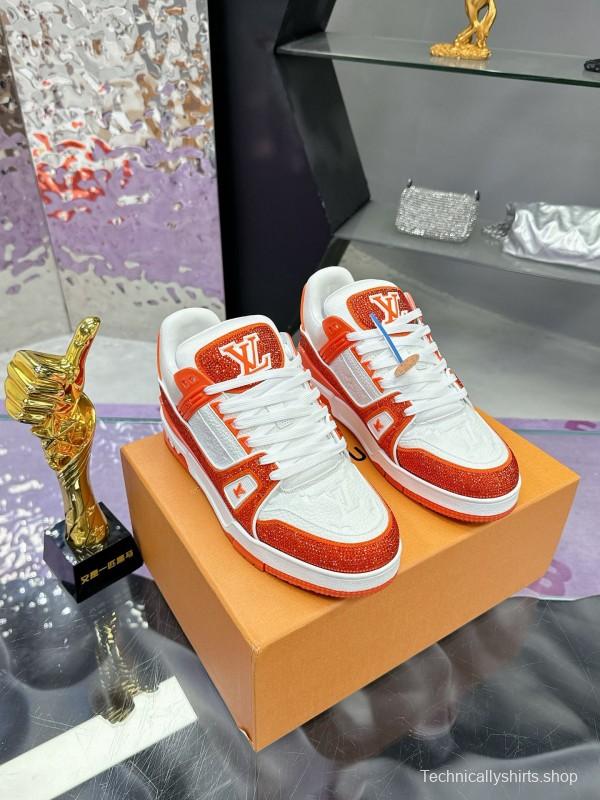 2025 Unisex Louis Vuitton Orange White Leather Plimsolls Handcrafted Rhinestones AS00400