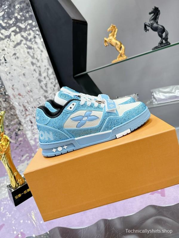 2025 Unisex Louis Vuitton Blue White Leather Denim Plimsolls Beaded LV Trainer AS00400