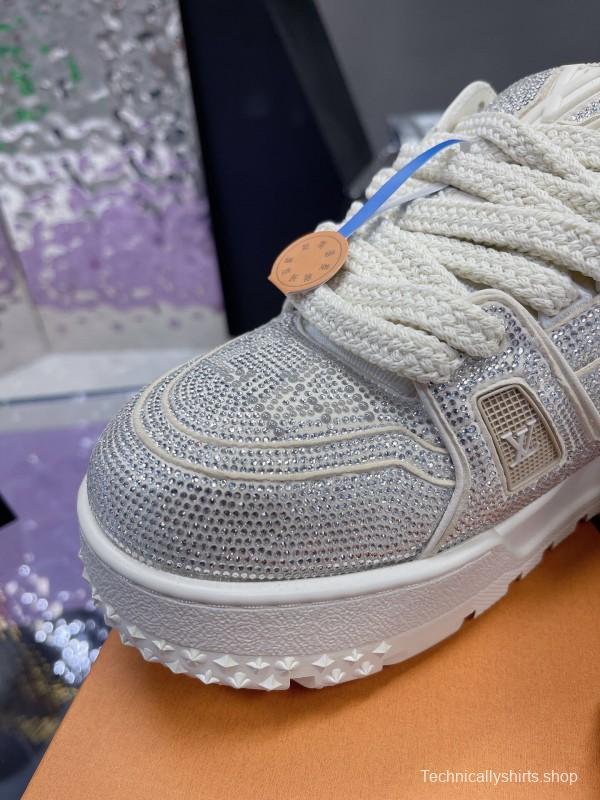 2025 Unisex Louis Vuitton White Crystal Leather Plimsolls Bing Bing AS00420