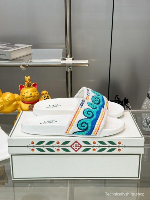 2025 Men CASA BLANCA Blue White Embroidered Slippers KFY00160