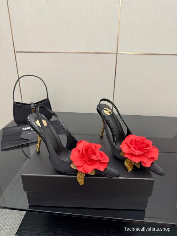 Saint Laurent 2025 SS Rose Thorn High Heels with Sculptural Gold Heel - KFY00320