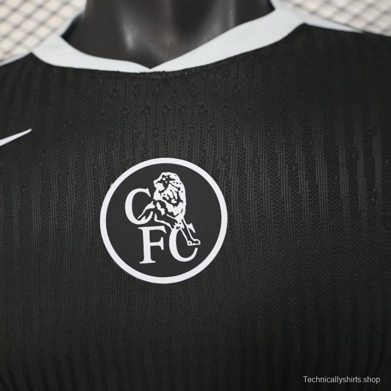 25/26 Player Version  Chelsea Away Dark Gray with Vertical Stripe Texture and Blue Piping Jersey