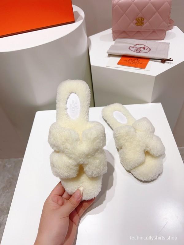 Hermes Teddy Wool H Slippers Flat Fur Slides - LY00240