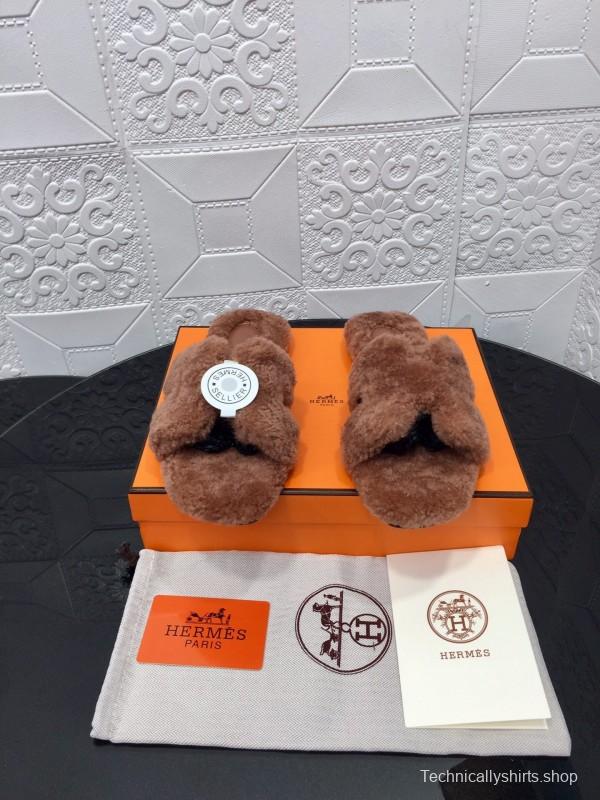 H Eiderdown Teddy Wool H Slippers Flat Sole Winter Home Shoes - LY00240