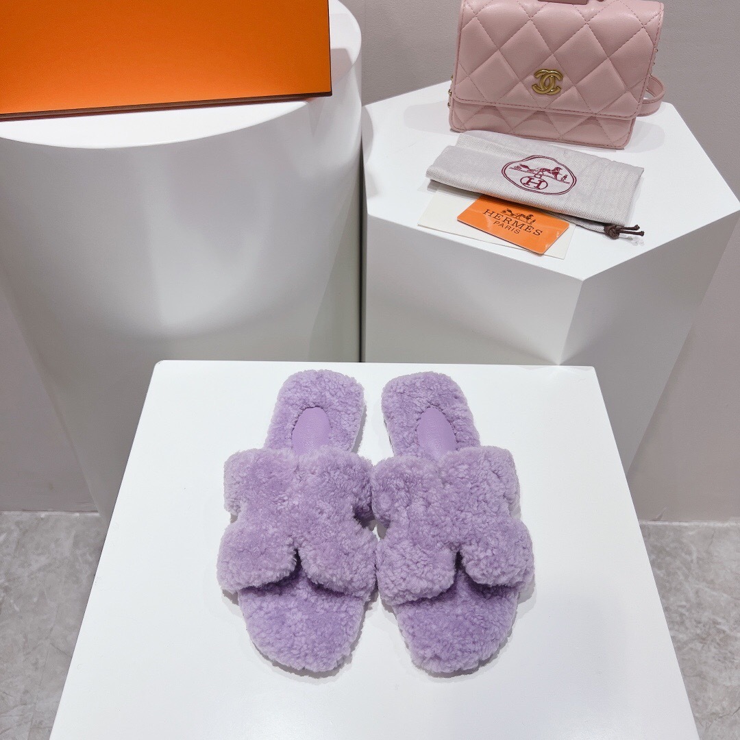 Hermès 2025 SS Teddy Wool H Slippers Flat Fur Slippers - LY00240
