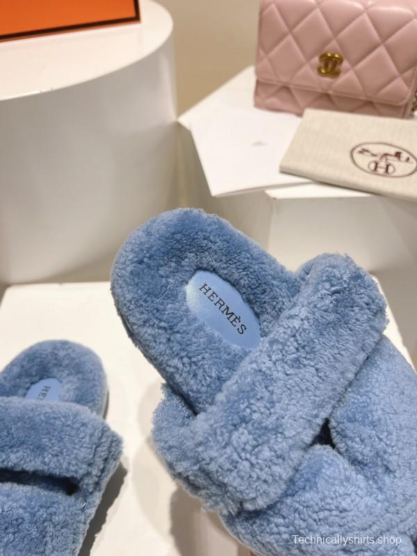 H Love Erjiu Full Wool Slippers with Slightly Curled Wool Design - LY00270