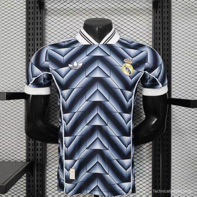 Player Version  1988/89 Real Madrid Third Navy Blue with 3D Geometric Chevron Pattern Jersey