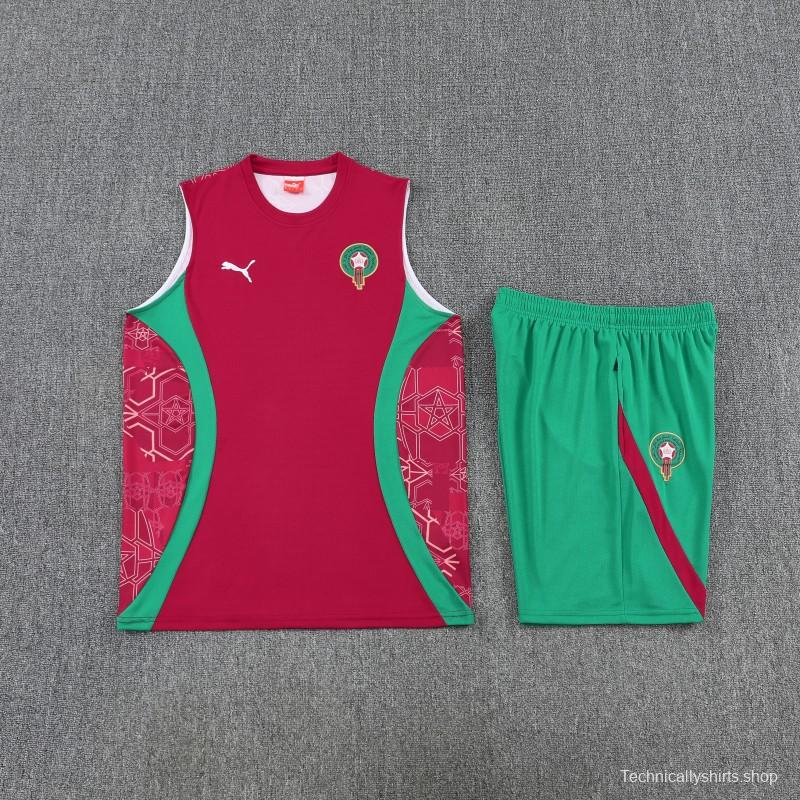 26/27 Morocco Red Sleeveless Training Vest +Green Shorts Set