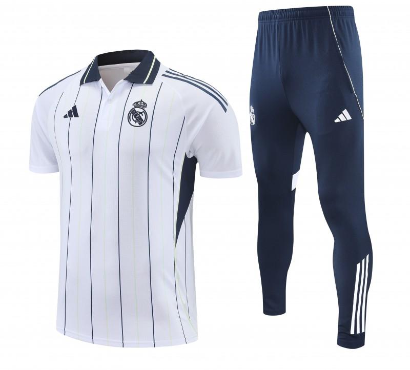 26/27   Real Madrid White Stripes Polo Training Shirt + Long Pants Tracksuit