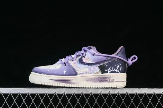 Nike Air Force 1 '07 Low Hand-Painted Graffiti Sneakers with Misty Purple Gradient and Retro Street Art Design - FJ7740-190