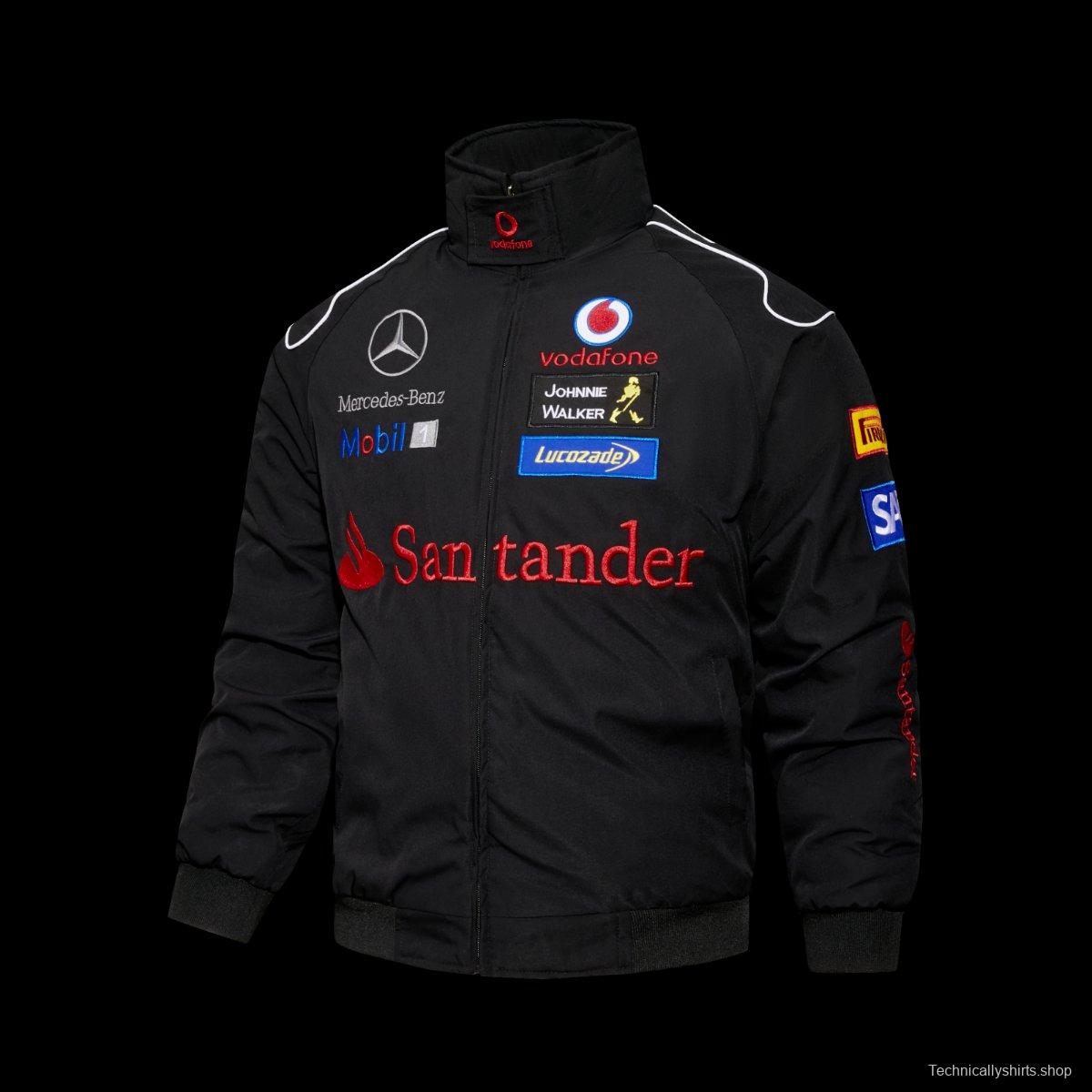 2026 F1 McLaren Mercedes-Benz Vodafone F1 Team Black Racing Jacket with Santander Mobil 1 Johnnie Walker Sponsor Patches